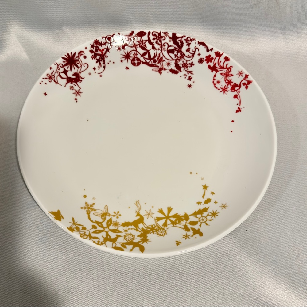 Vintage Tord Boontje Porcelain Salad Dessert Plates Red Gold Holiday Set of Four